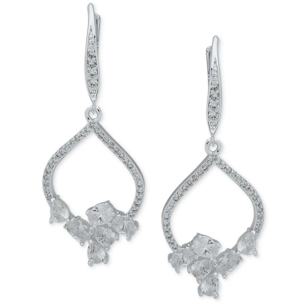 Anne Klein SilverTone Crystal Teardrop Cluster Drop Earrings - Picture 2 of 2